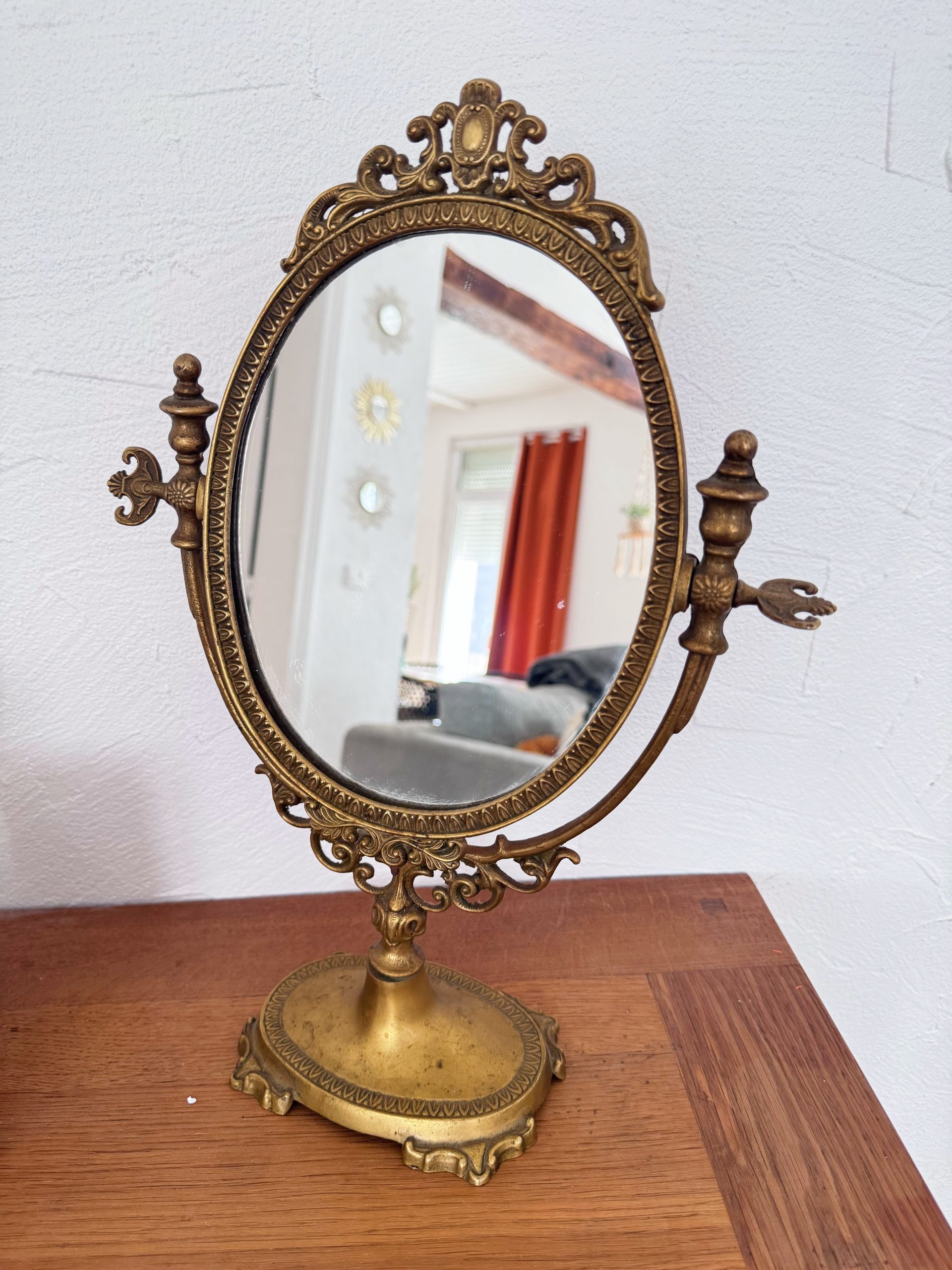 Ancien miroir psyché pivotant laiton doré