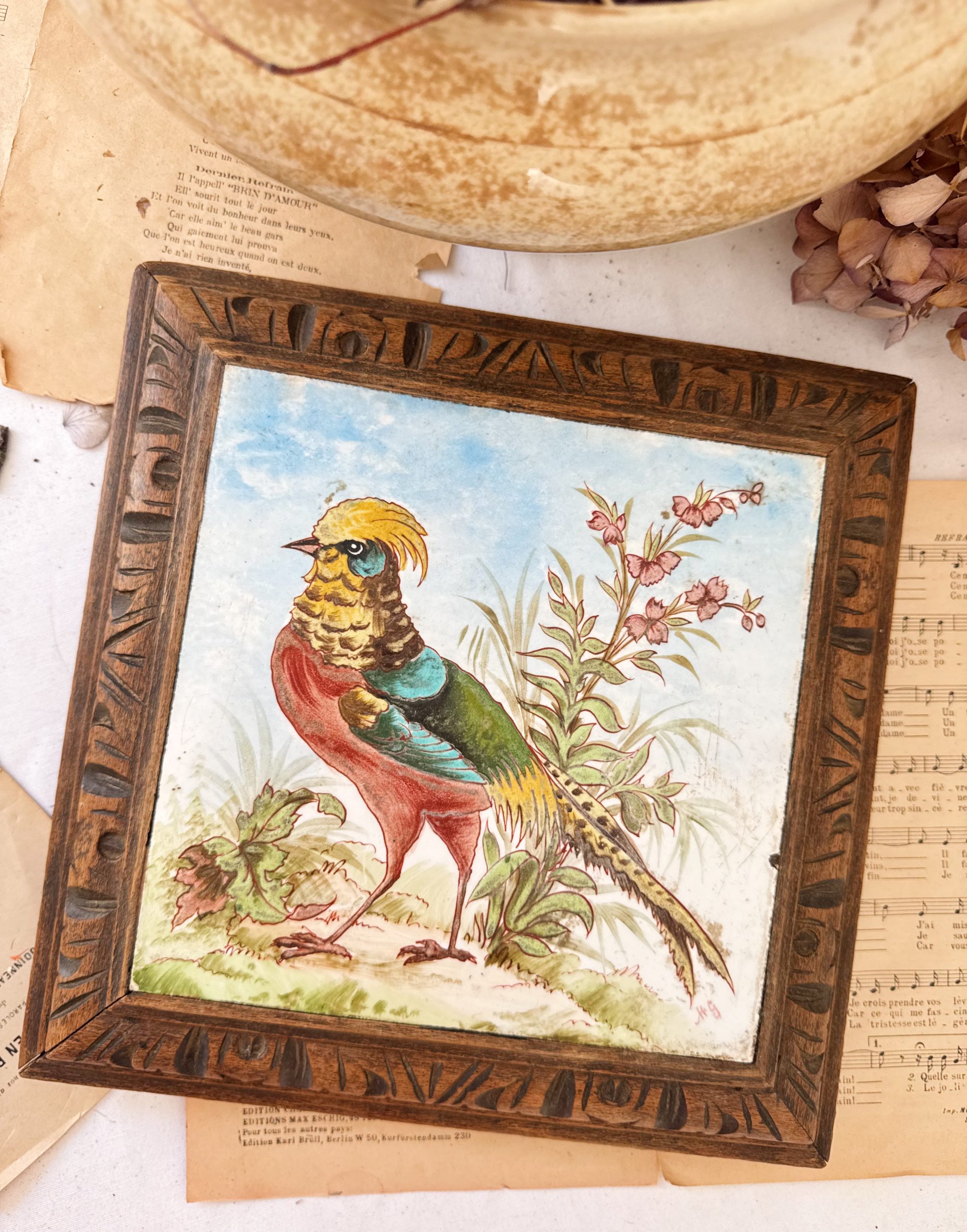 Grand dessous de plat polychrome faisan