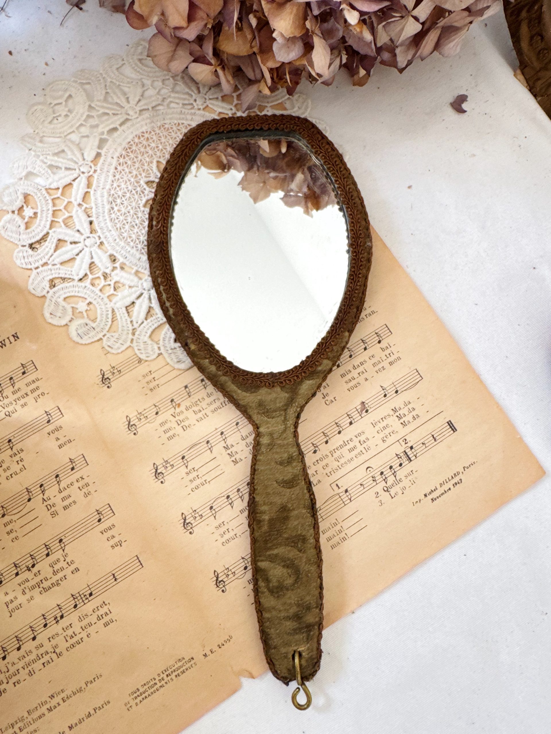 Miroir ancien velours vert kaki
