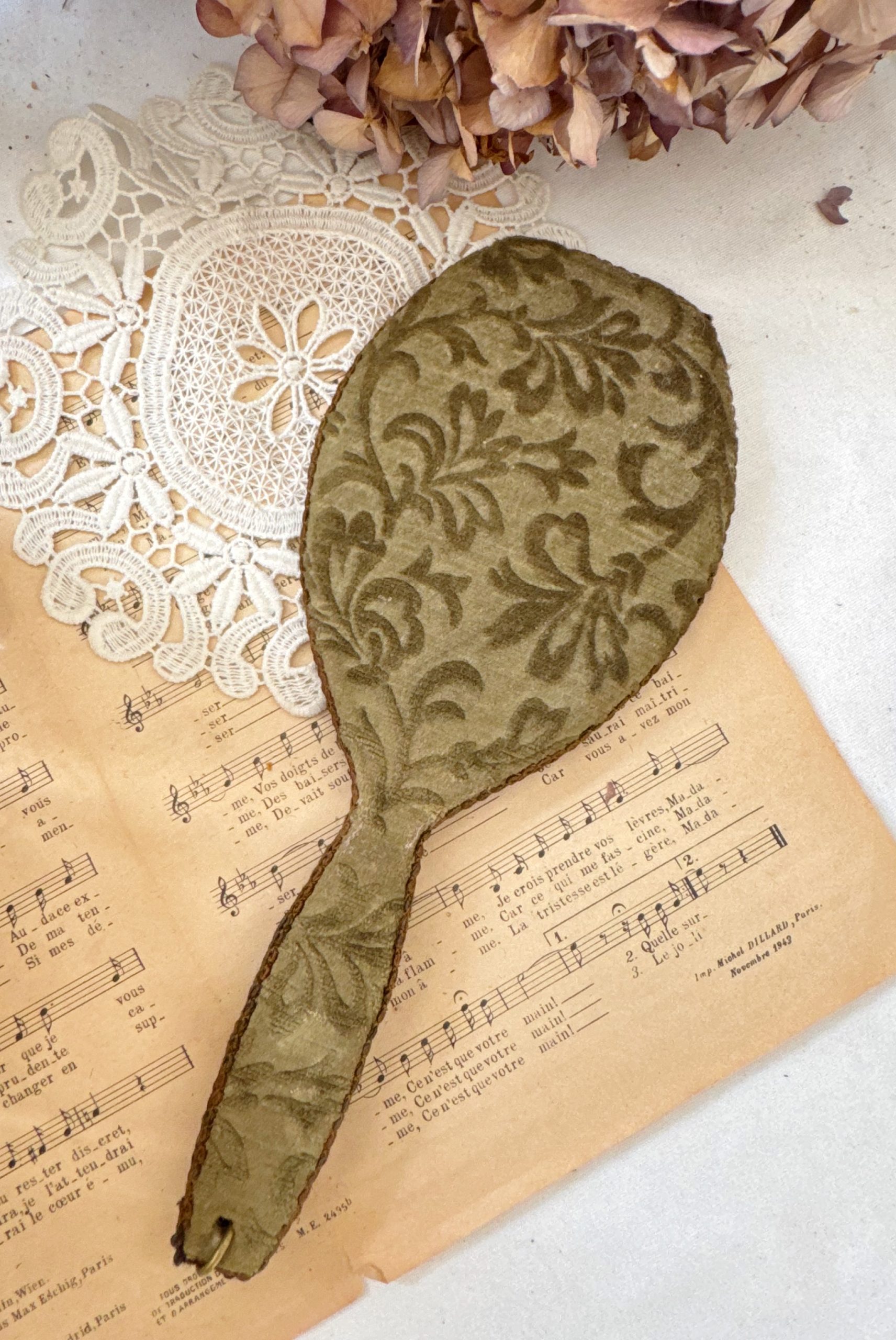 Miroir ancien velours vert kaki – Image 3