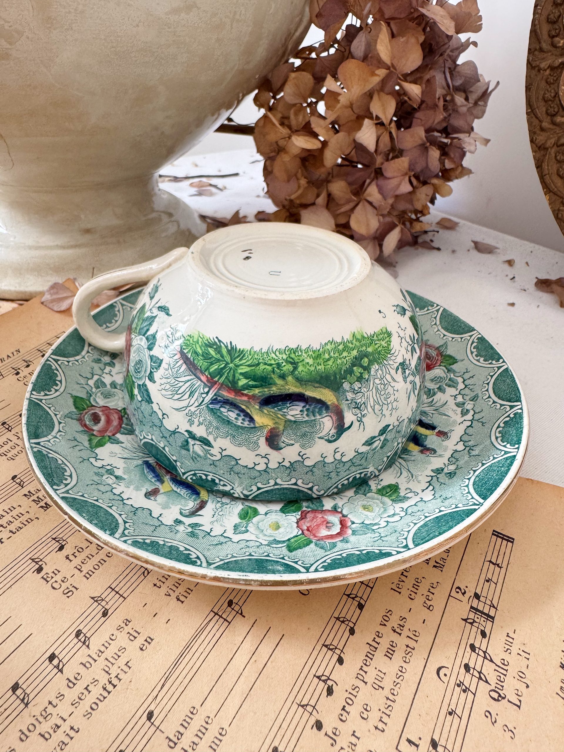Ensemble de tasses polychromes Sarreguemines oiseau de paradis (reservé Claudine) – Image 2