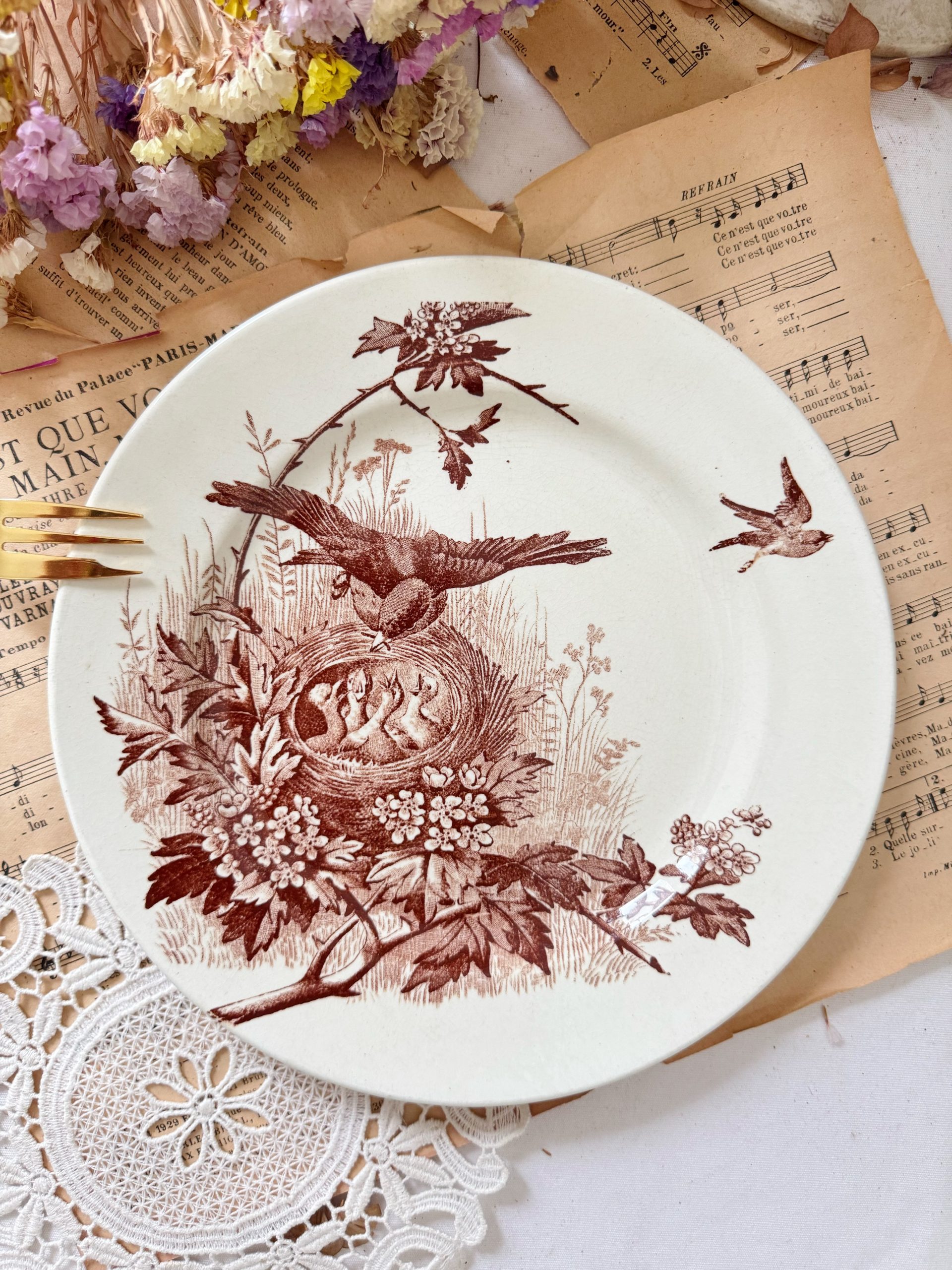 Lot Assiette plate sépia JVB oiseaux x coquetier oiseaux (réservé Carine)