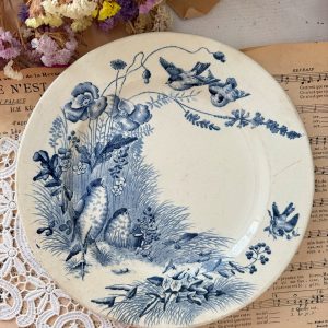 Assiette plate bleue Jules Vieillard oiseaux