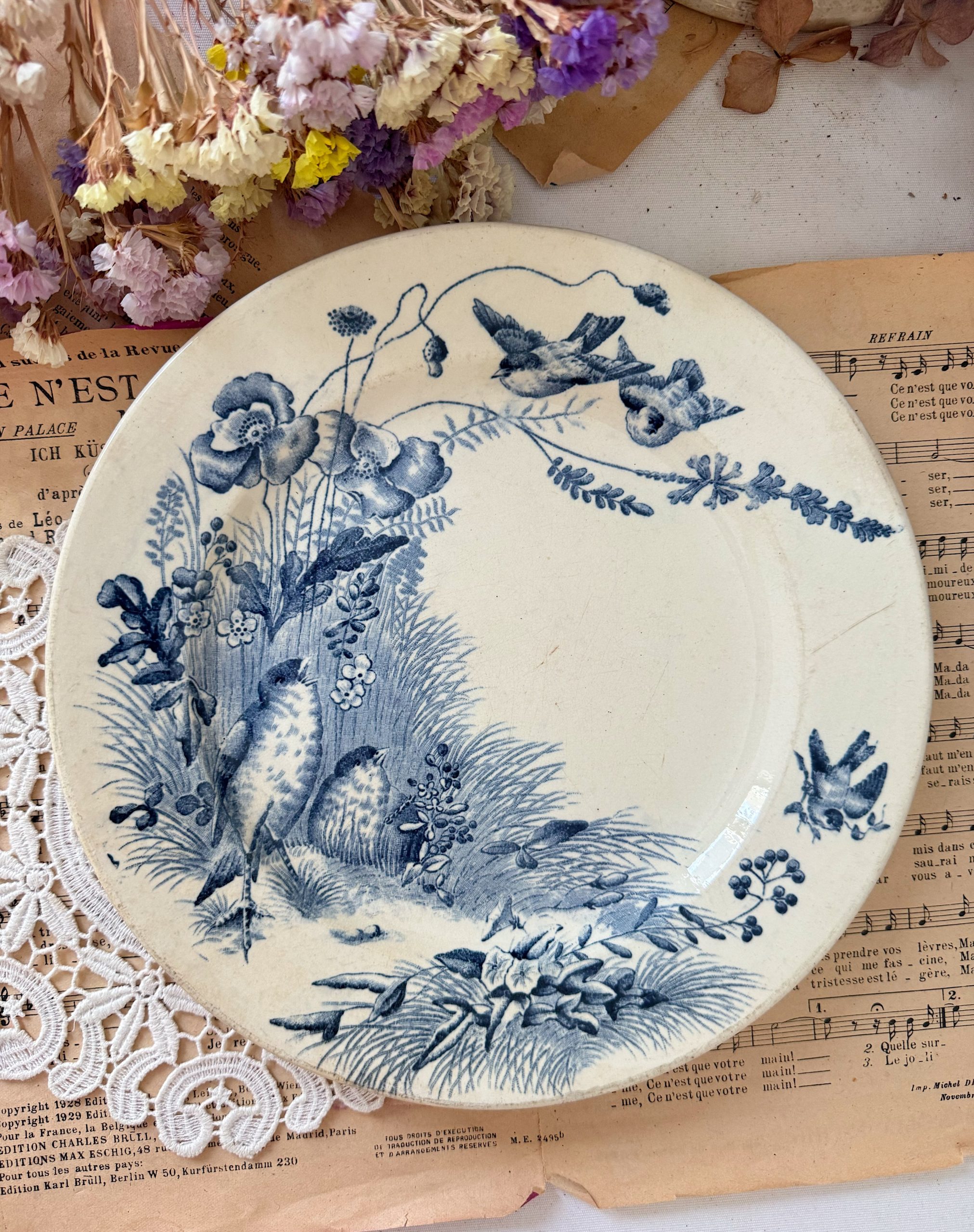 Assiette plate bleue Jules Vieillard oiseaux